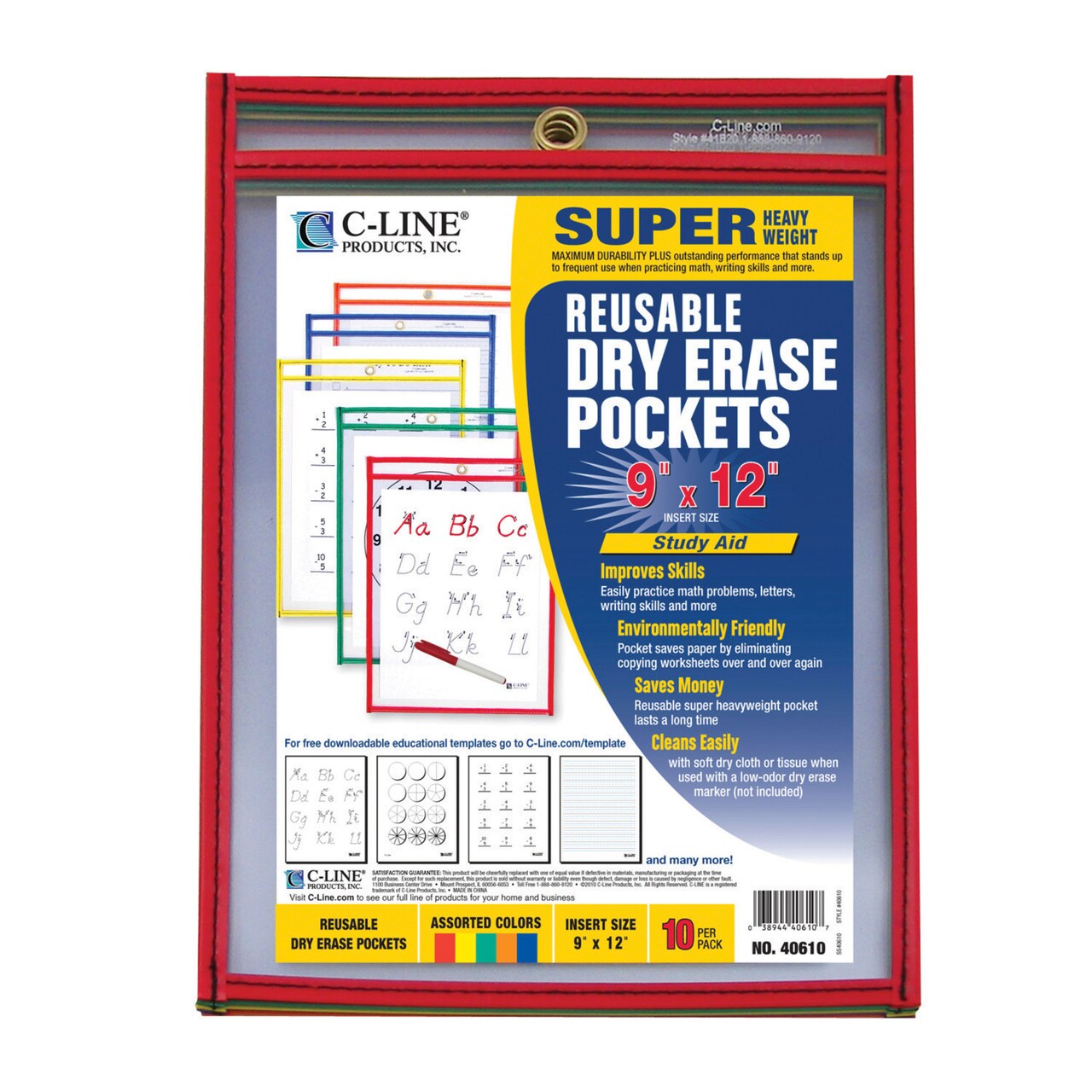 C-Line Dry Erase Reusable Pockets, Assorted Colors, 9 x 12 Inches, Pack of 10